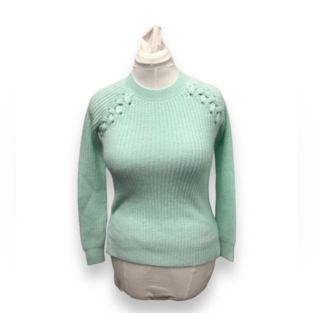 SO Women’s Crew Neck Ribbed Sweater Lace-Up Embellish, Mint, size XS